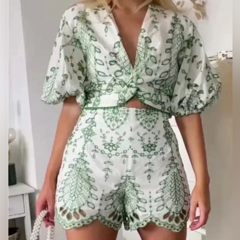 Zara White and Green Embroidered Set